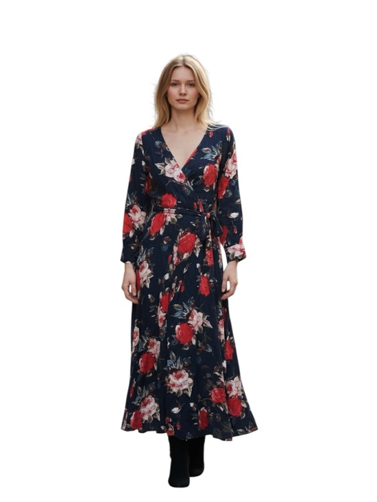 JODIFL Dresses & Skirts - JODIFL Navy Floral Wrap Maxi Dress with Red Roses NWOT Size L